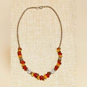 Vintage Necklace Signed Avon Gold Tone Chain Bead Oranges Cider Honey Beads 17.5